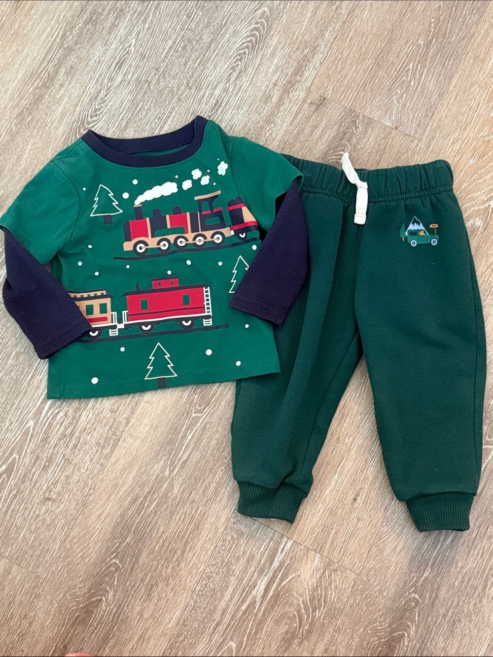 The Childrens Place Baby Boy Winter Train Jeep Green Joggers Shirt Outfit Set - Picture 1 of 16